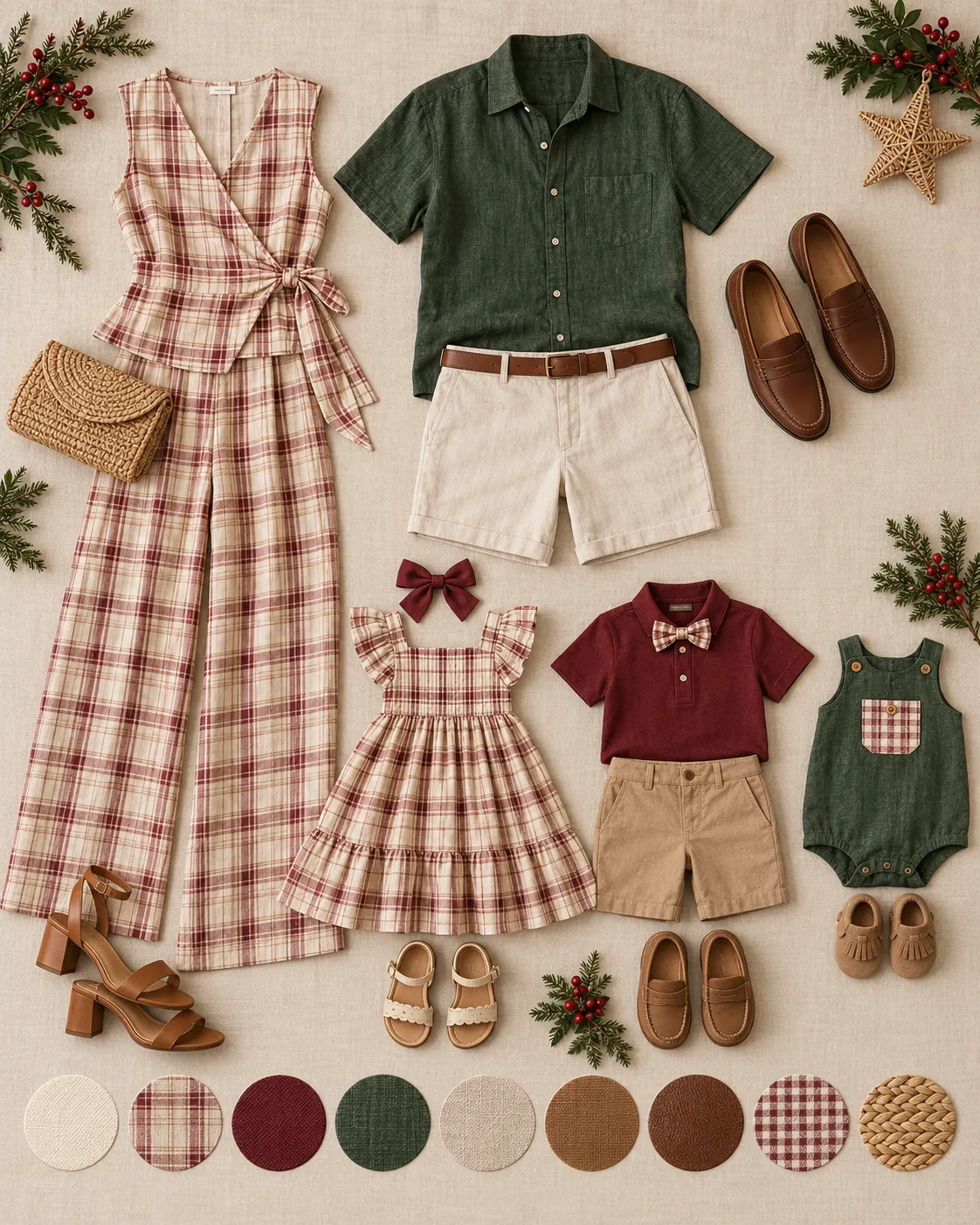 Prancha de figurino em tons de bordô, verde-pinheiro e creme: conjunto xadrez feminino, camisa de linho verde com bermuda areia, vestido infantil xadrez, polo bordô e macacão verde, com a paleta de cores na base