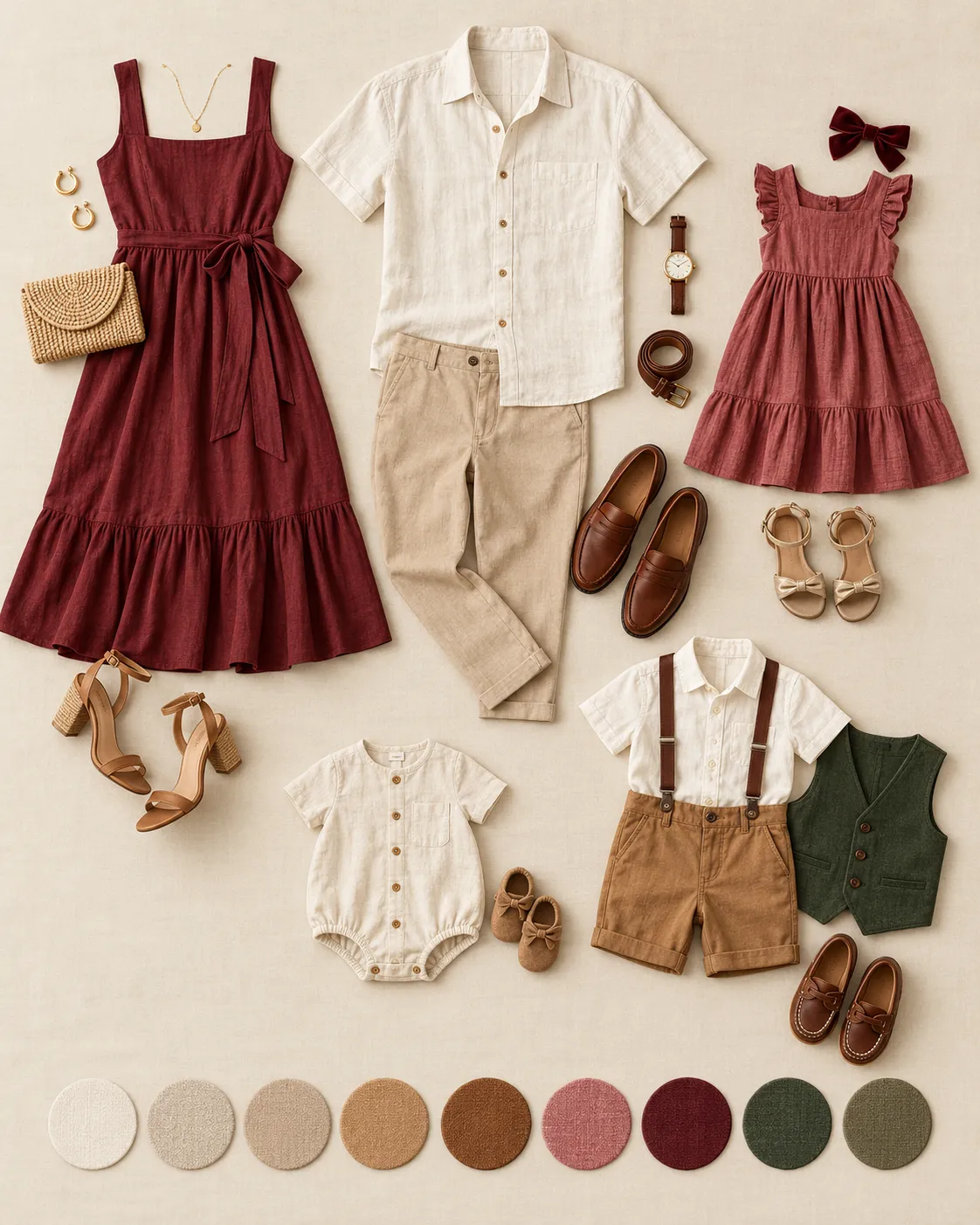 Prancha de figurino em bordô, linho cru e areia: vestido longo bordô, camisa de linho branca com calça areia, vestidinho infantil bordô, body branco, bermuda caramelo com suspensórios e colete verde, com a paleta de cores na base