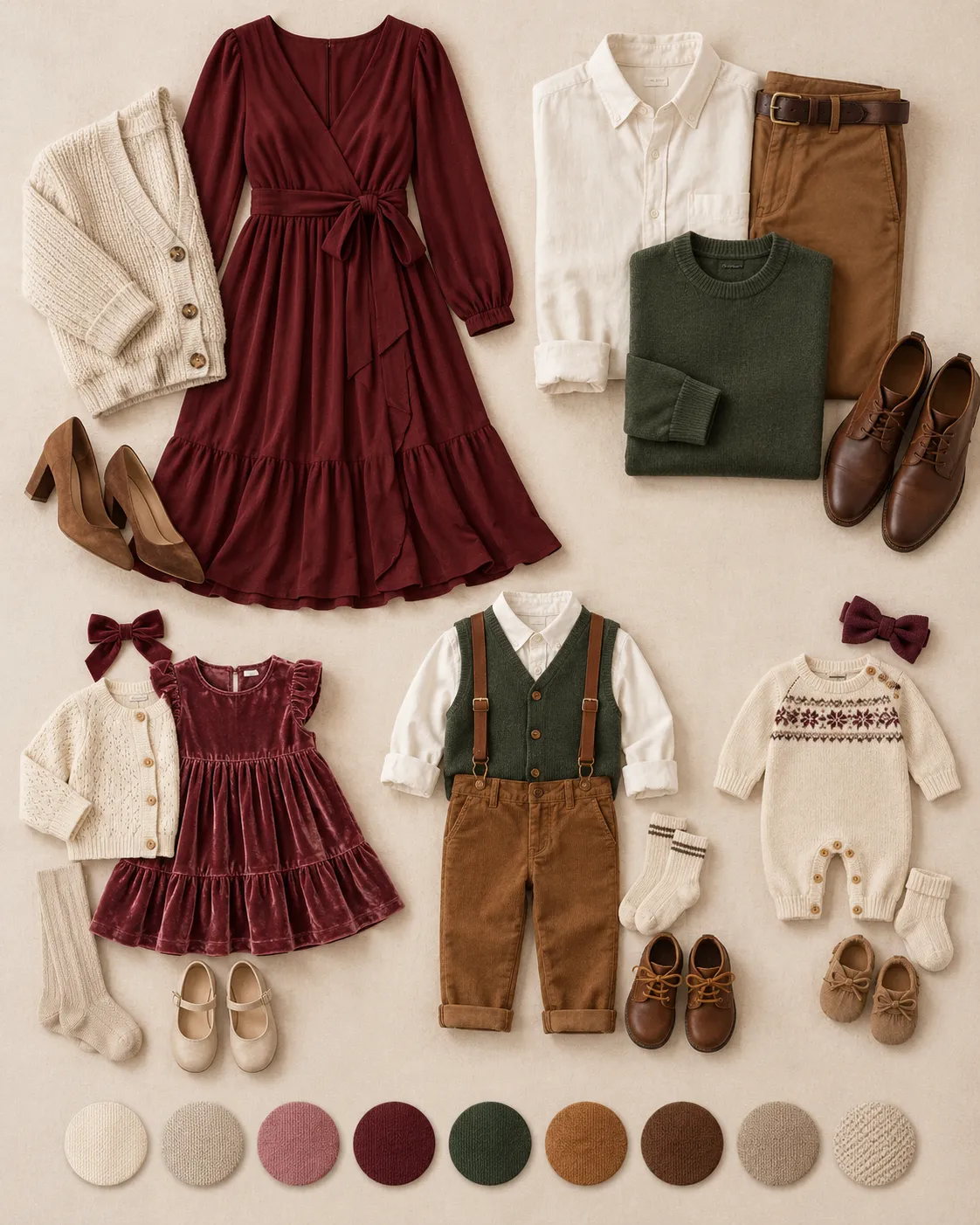 Prancha de figurino em verde, marfim e caramelo: cardigã creme, vestido bordô, camisa branca, suéter verde, calça caramelo, vestidinho infantil e macacão de tricô, com a paleta de cores na base